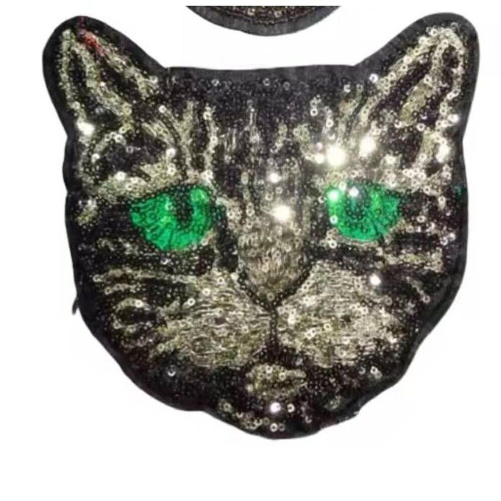 Large Sequin Green Eyed Cat Applique Sew-On 7" x 7"